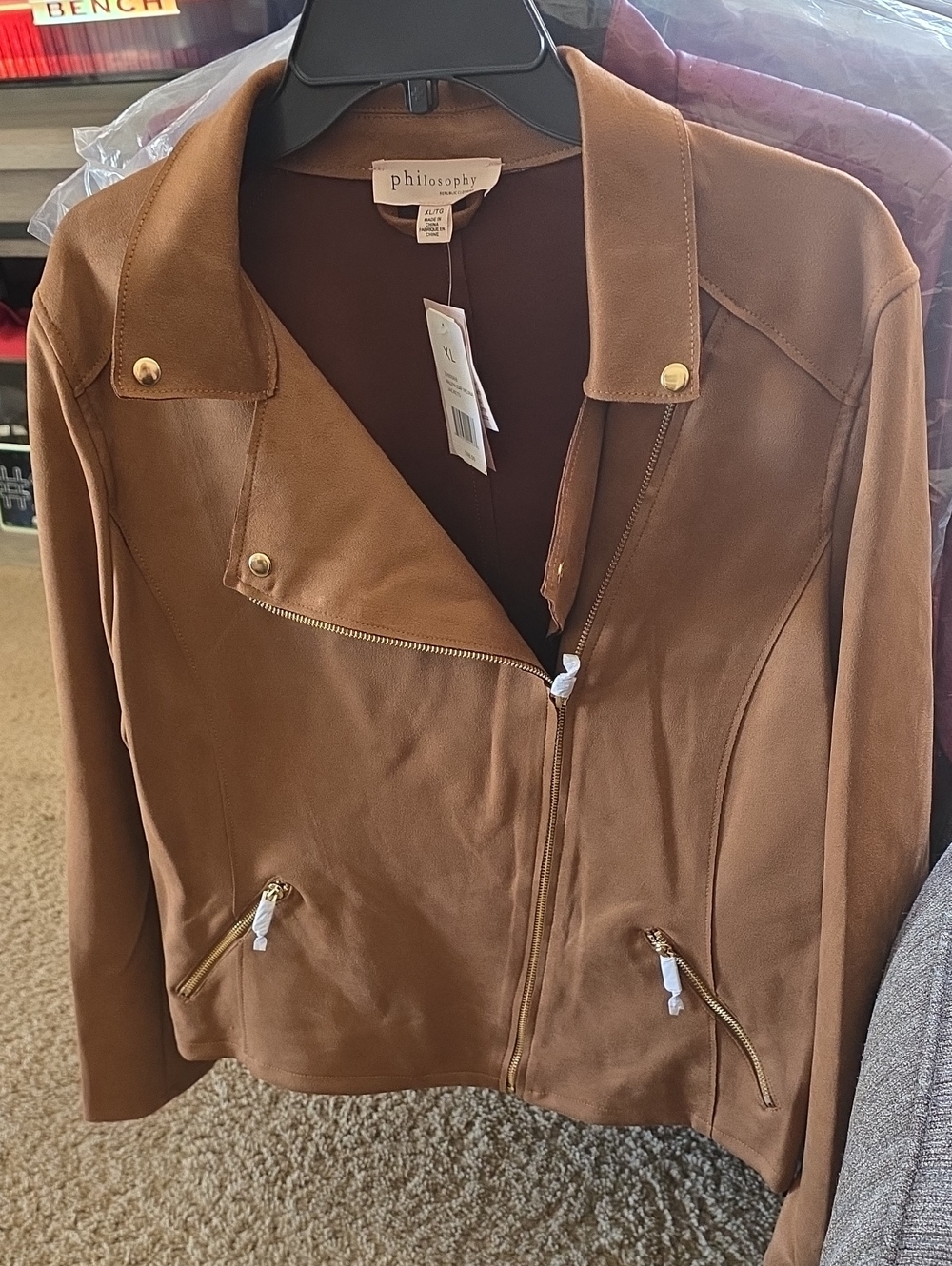 Philosophy Cognac Faux Suede Moto Jacket with Gold Hardware